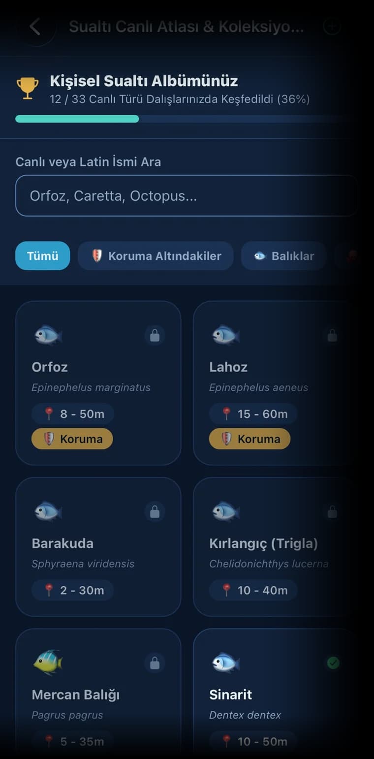 DivePal sualtı canlı atlası: türler, latin adları ve derinlik aralıkları