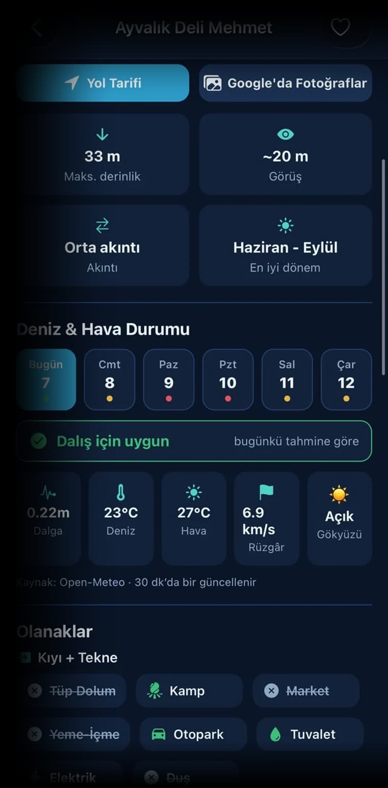 DivePal nokta detayı: derinlik, görüş, akıntı ve deniz durumu
