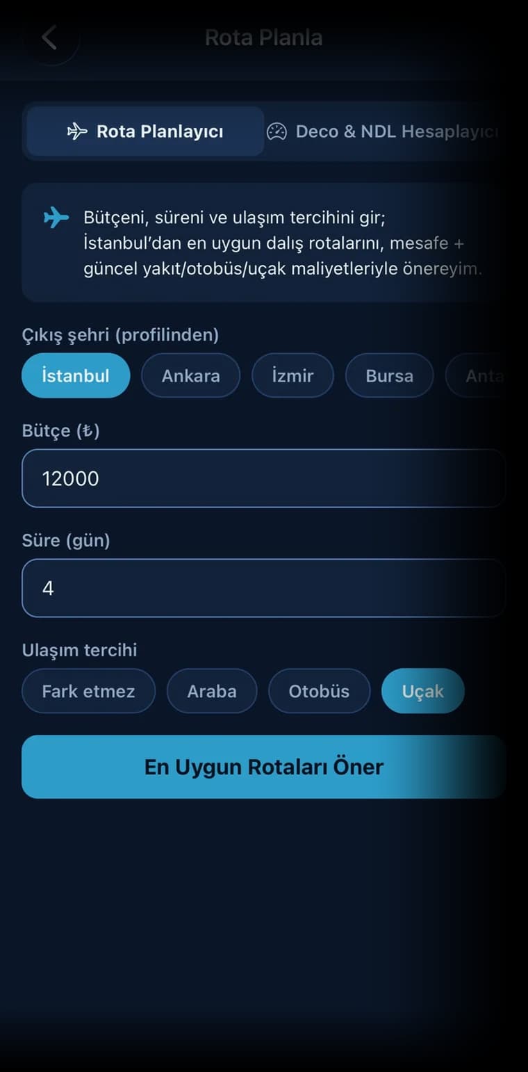 DivePal rota planlayıcı ve deco/NDL hesaplayıcı